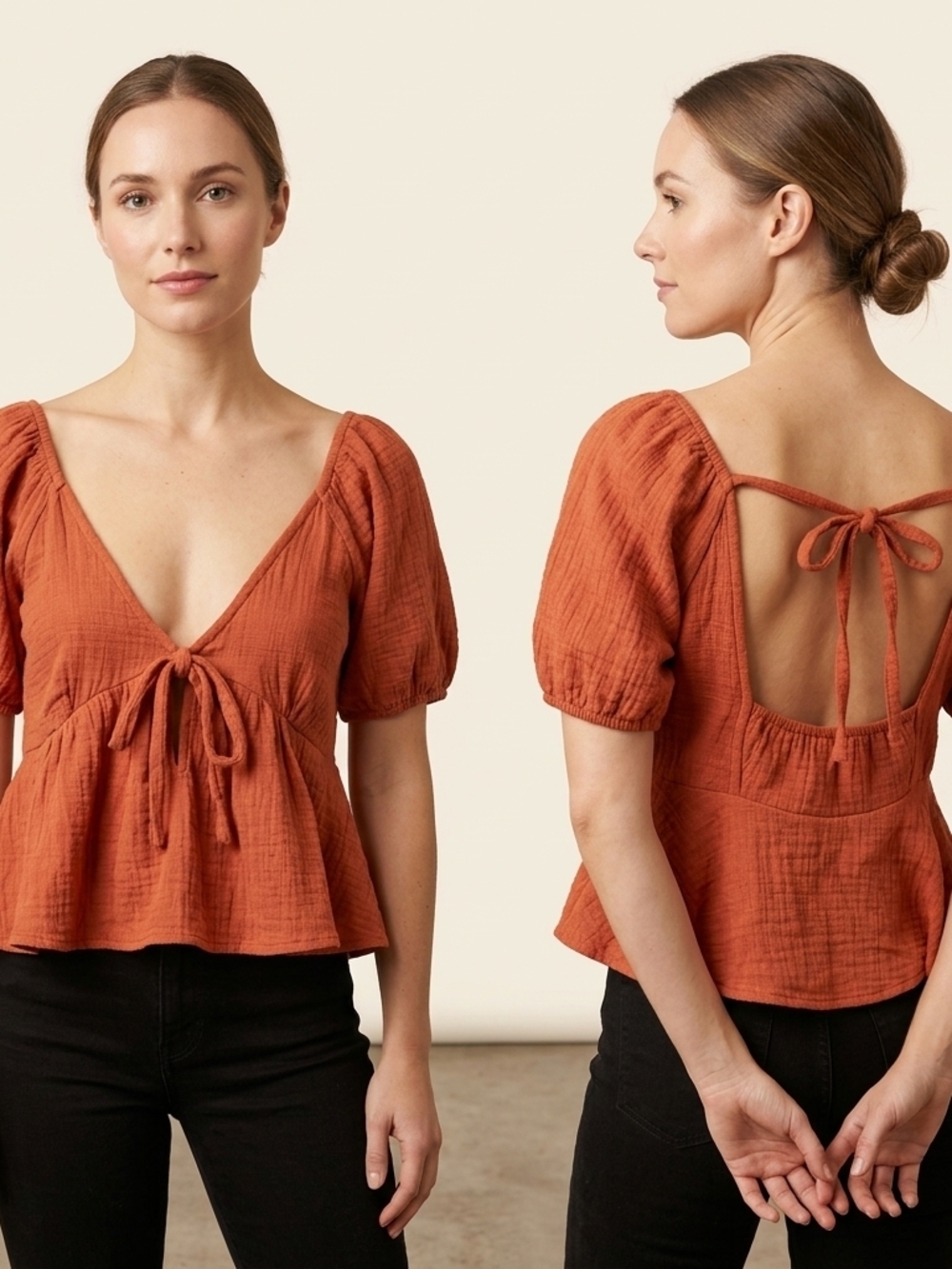 Mi Ami Rust Tie-Front Puff Sleeve Peplum Blouse 100% Cotton